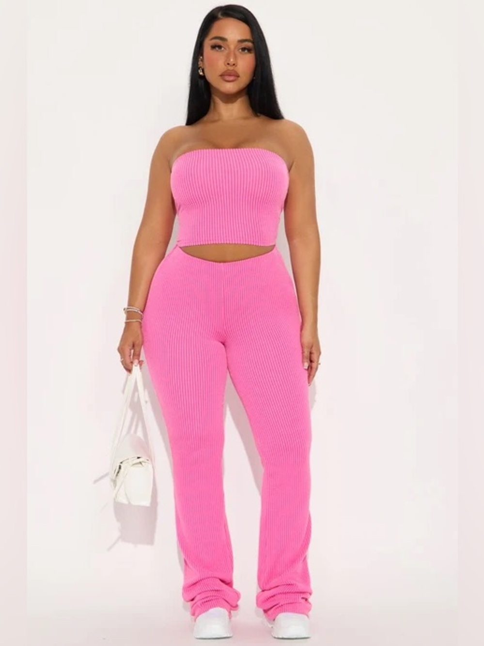 Fashion Nova Hot Pink Ribbed Bandeau & Track Pants Set